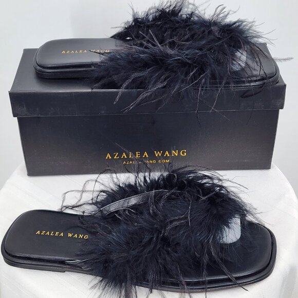 AZALEA WANG Pammy Black Maribou Feather Flat Thong Sandals 6-10 NWT - Picture 9 of 16